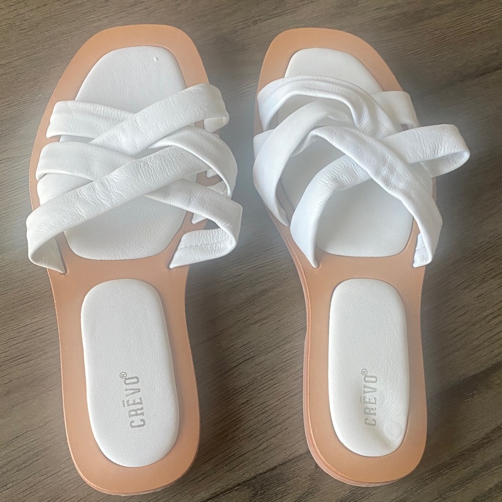 Crevo White Braided Strap Slide Sandals with Tan Footbed